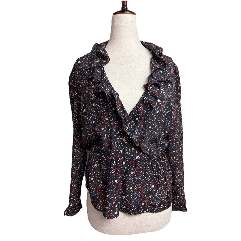 Madewell Silk Ruffle Wrap Top Star Print Peplum Blouse‎ Black Red Blue Medium